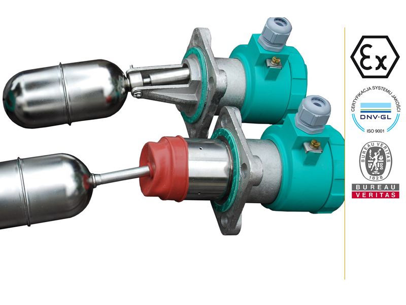 Aplisens ERH Float level switches are used for point level detection of liquids in all type of vessels. Operation without external power, side or top mounting, wide temperature and pressure ranges, various process connections, stainless steel wetted parts, Ex version